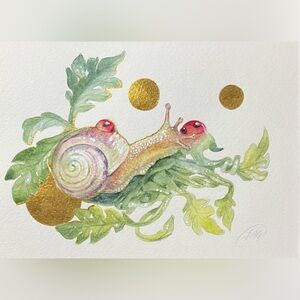 Original Snail Watercolor painting Art Gold Accents Botanical Nature Decor EAE